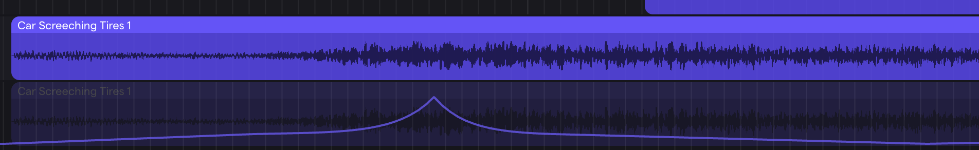 Volume automation on a vehicle track: flat and low, a fast rise to a peak where the vehicle passes, then a fast drop.